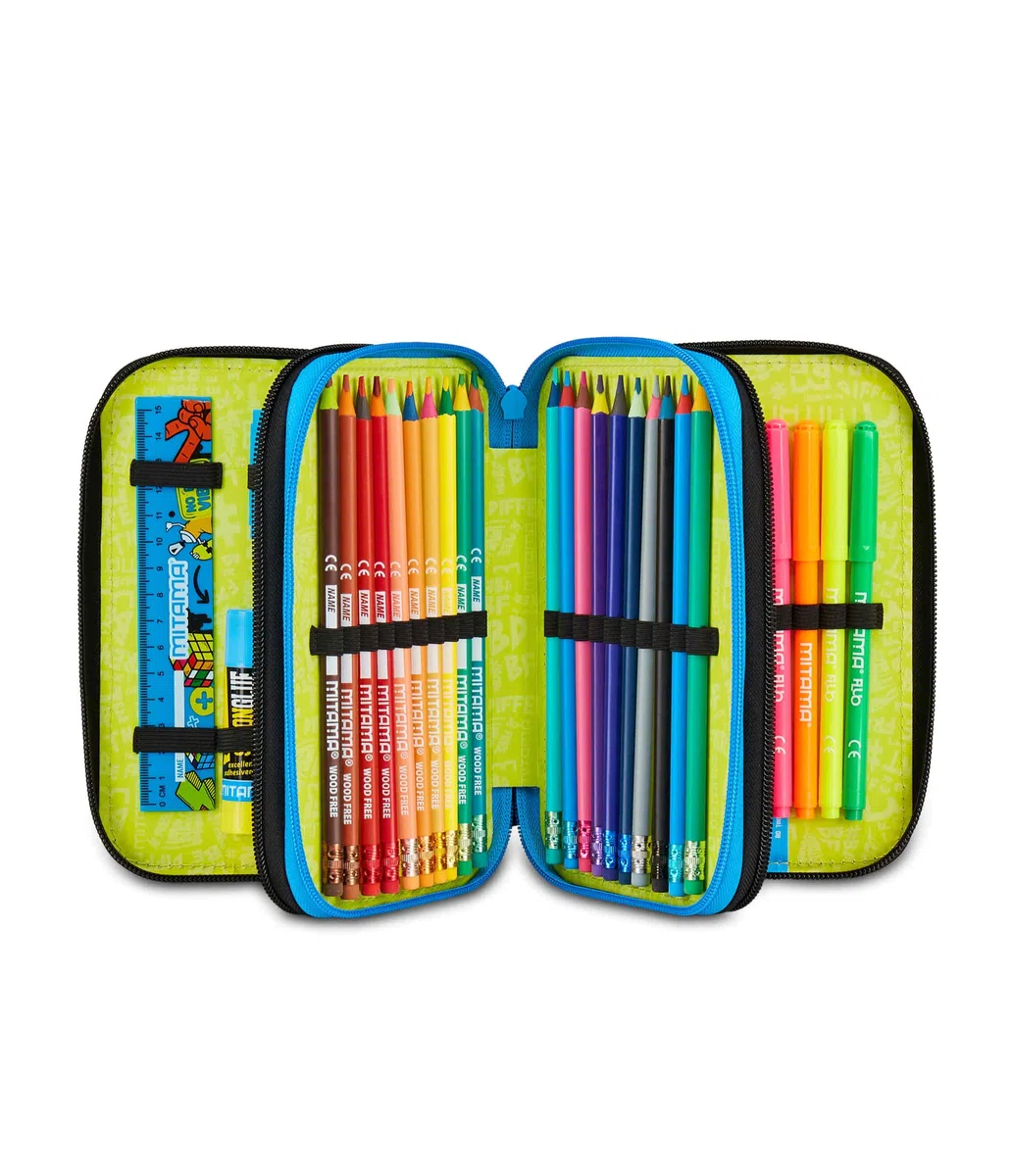 Mitama Astuccio Scuola 3 Scomparti, SUPER FUTURE GAME, Contenuto 50 pz, Completo di Matite, Pennarelli, Portapenne Scuola Elementare Bambino