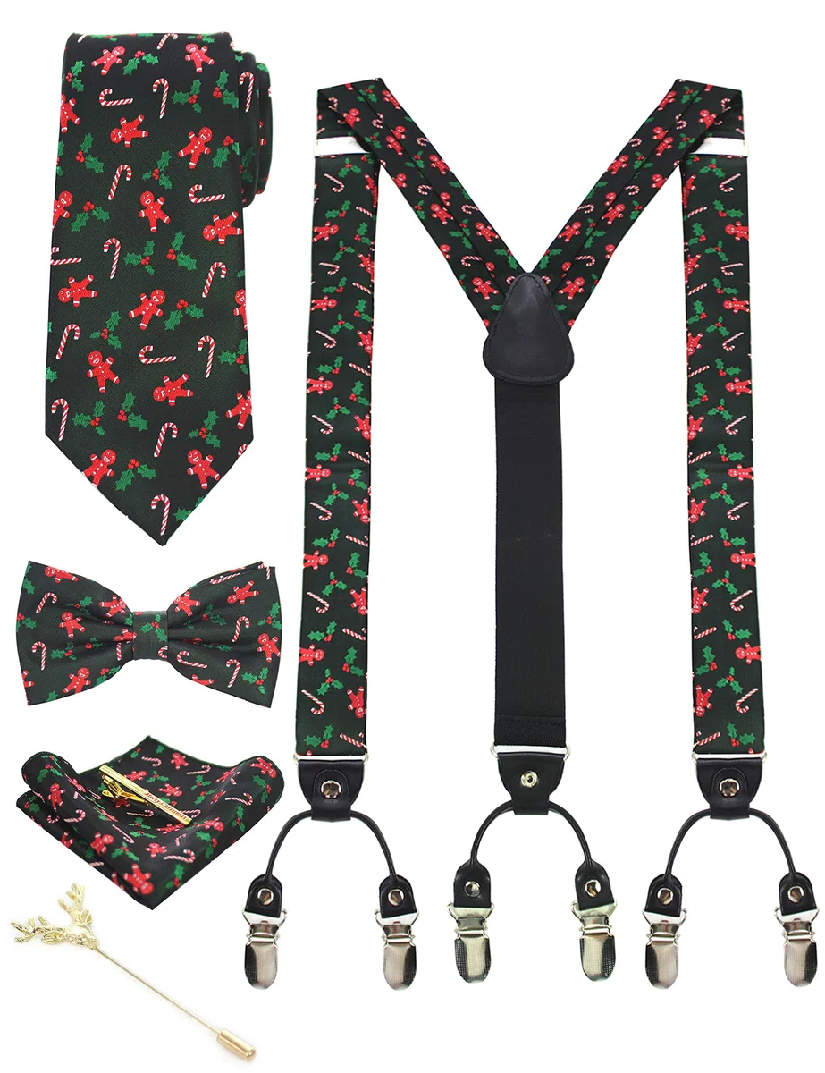 JEMYGINS Bretelle Uomo Natale Regolabili a Forma di Y da 3,5 cm e larghe con 6 Fermagli Robusti in Seta con Cravatta e Papillon Insieme Scatola Inclusa