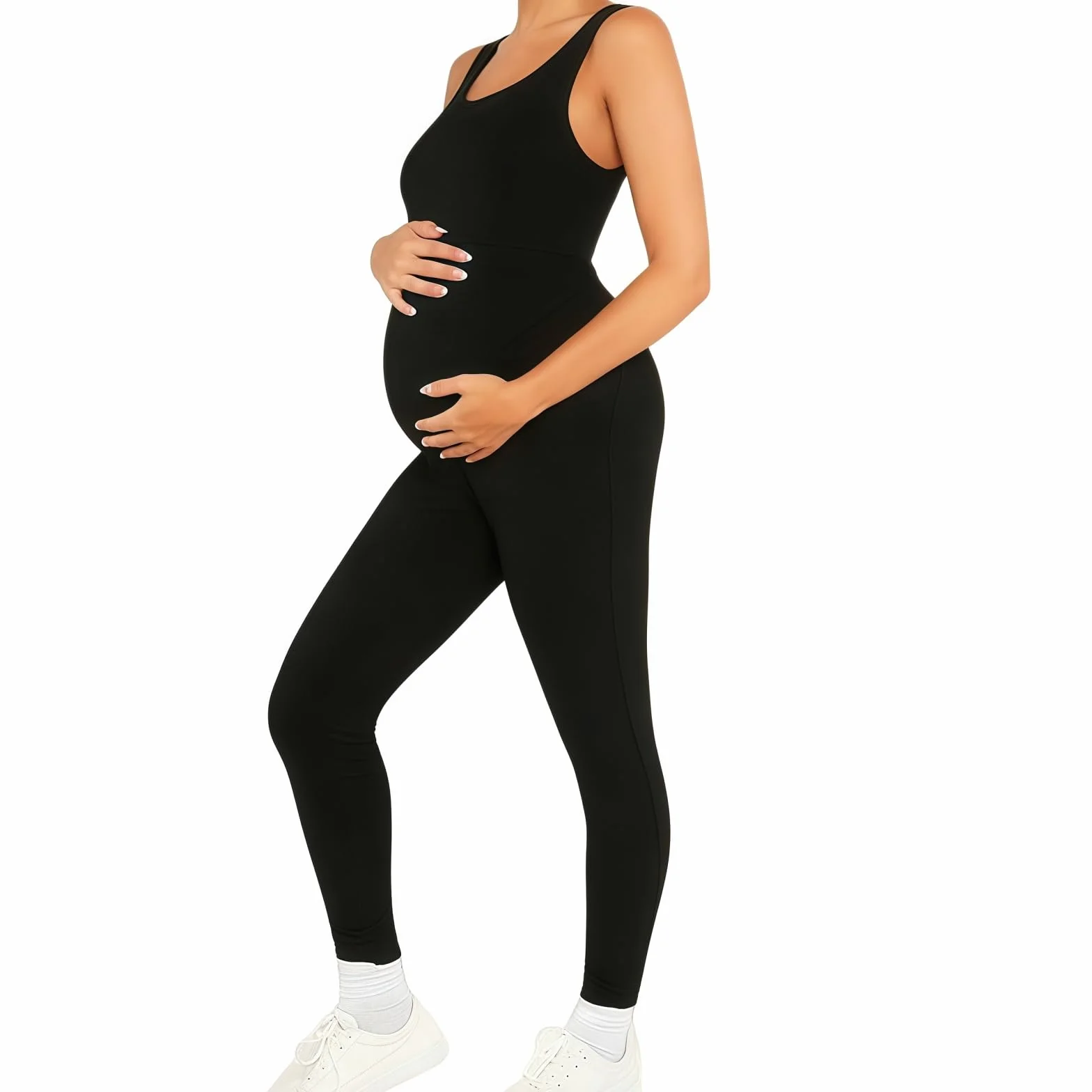 SamHeng Tuta premaman senza maniche Tuta da yoga nera senza cuciture Leggings per gravidanza Body U-Collo a U Tuta sportiva a lunghezza intera Slim Fit Casual Allenamento Abiti Activewear
