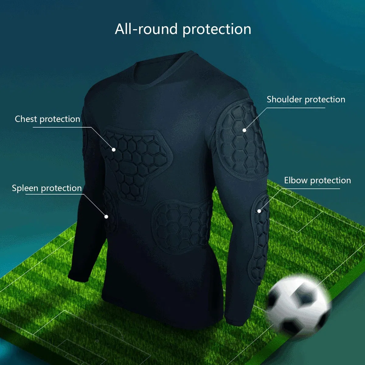 Maglia imbottita da portiere da calcio, a maniche lunghe, a compressione, strato protettivo in jersey | imbottitura rinforzata con materiale traspirante, per allenamenti intensi