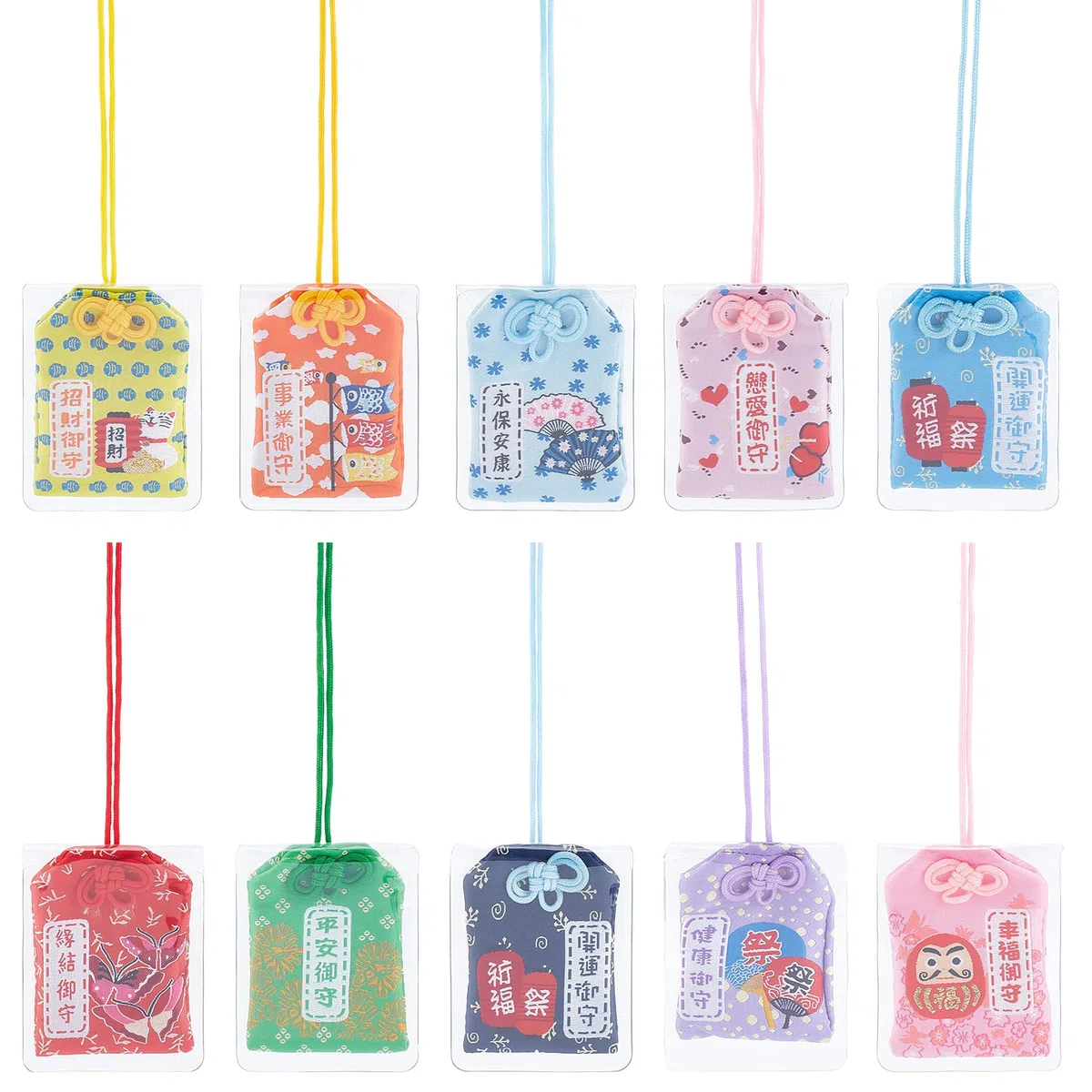 WEBEEDY 10 ciondoli giapponesi Omamori fortunati ciondoli pendenti sacchetto Santuario Amuleto fortunato per la salute Fortuna amore sicurezza (colori assortiti) (CAR-WE0001-100-EU31)
