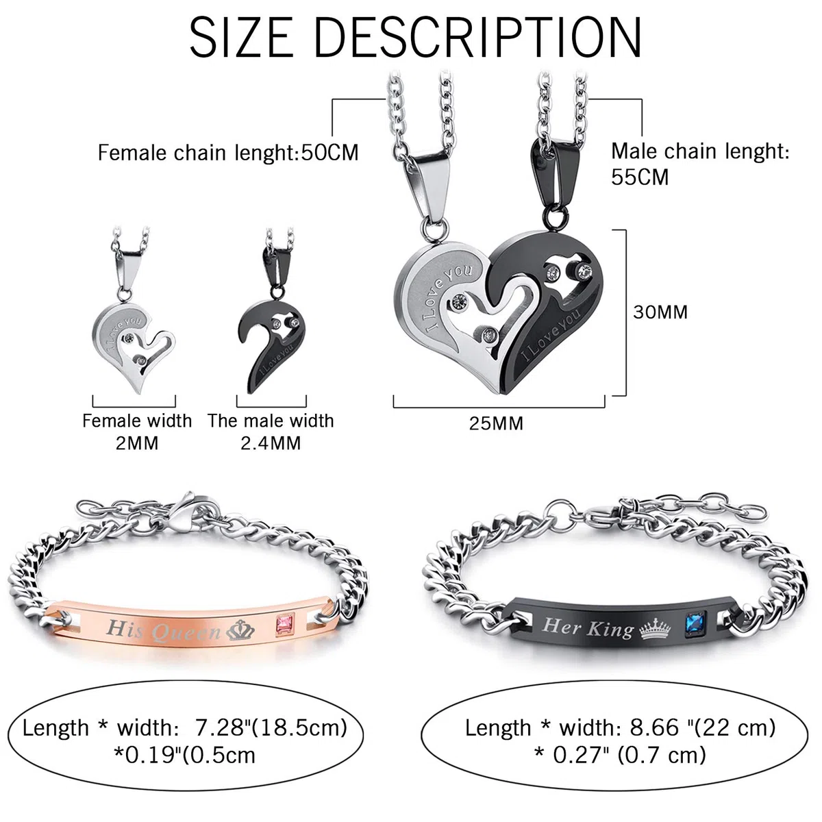 OIDEA Set Collana e Bracciale Coppia Lovers,Collana con Pendente Puzzle Cuore 'I Love You' Mosaico Strass,Braccialetto “Her King” “His Queen” Regalo per Amante o Migliore Amico/Amica
