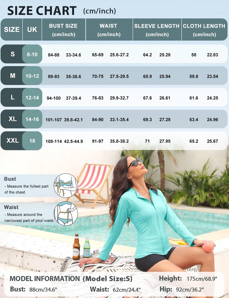 Tuopuda Rash Guard Donna Maniche Lunghe Maglietta Anti UV UPF50+ Top Protezione Solare Camicie da Bagno Asciugatura Rapida con Chiusura Lampo per Nuoto Surf Snorkeling