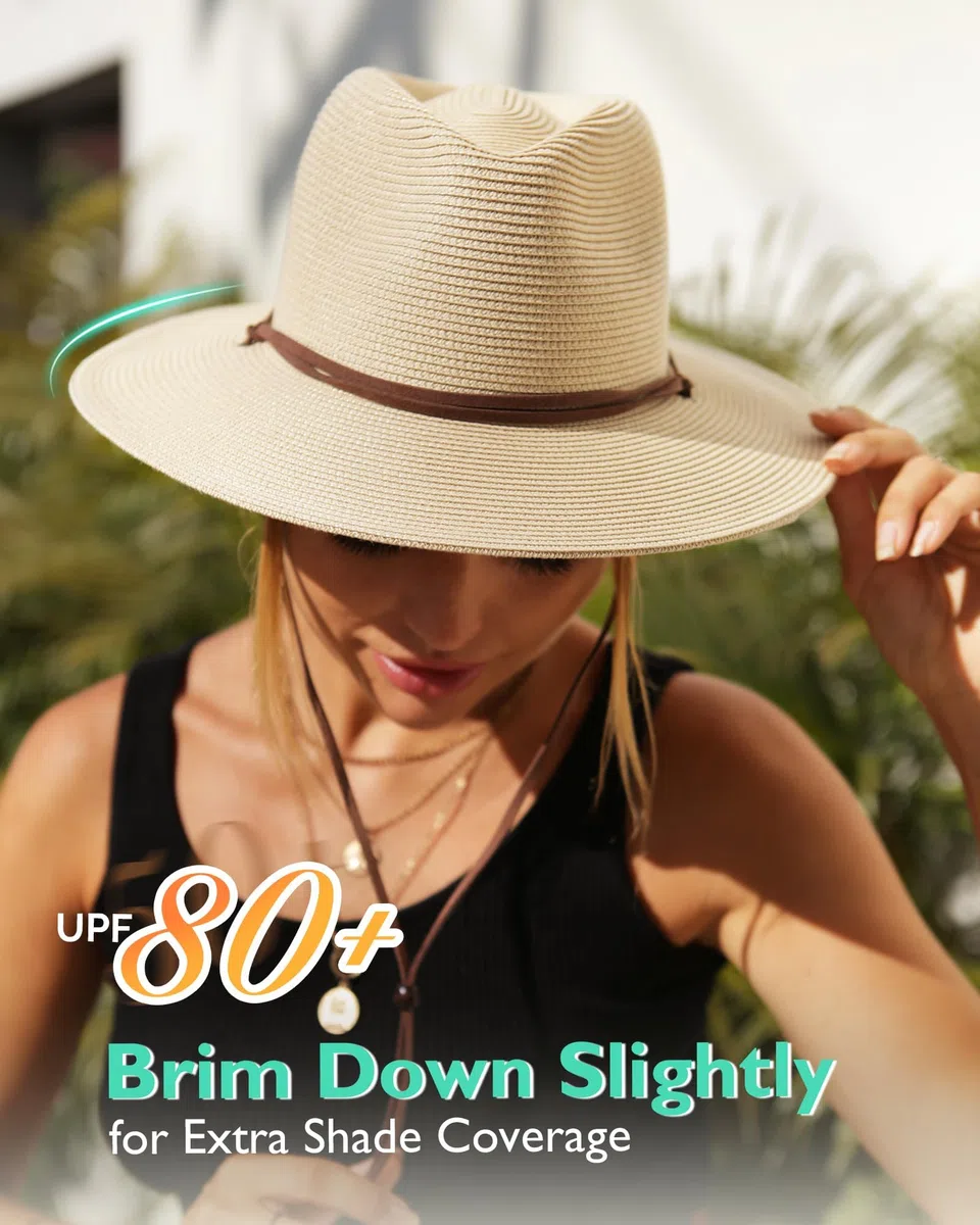 FURTALK Cappello unisex a tesa larga, cappello estivo con protezione UV, cappello da sole con sottogola, cappello da spiaggia per uomo e donna, cappello di paglia regolabile