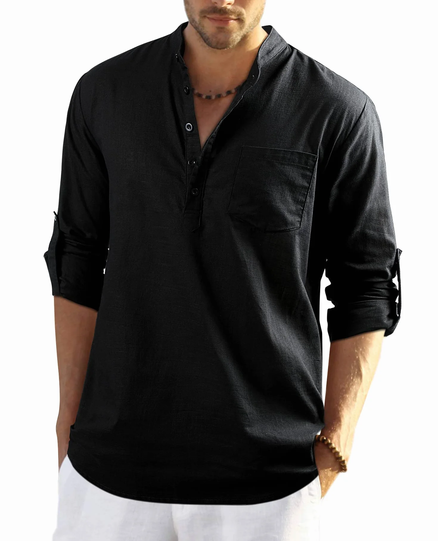 Enlision Uomo Camicia in Lino di Cotone Manica Lunga Henley Shirt con Bottoni Casual Hawaii in Tinta Unita Maglietta T-Shirt da Uomo per Interni Spiaggia Hippie