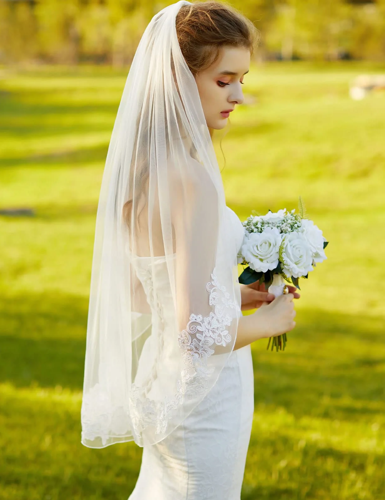 BEAUTELICATE Veli da Sposa in Pizzo Tulle a 1 Strati 102 cm di Lunghezza Bianco o Avorio Pettine di Metallo