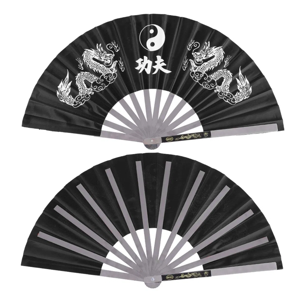 Ventaglio Tai Chi, Ventaglio in Acciaio Inox Tessuto di Nylon Rivetto in Metallo Marziale Arti Colorfast Deluxe Kung Fu Pratica di Danza Performance di Allenamento con Pittura Delicata(Black)