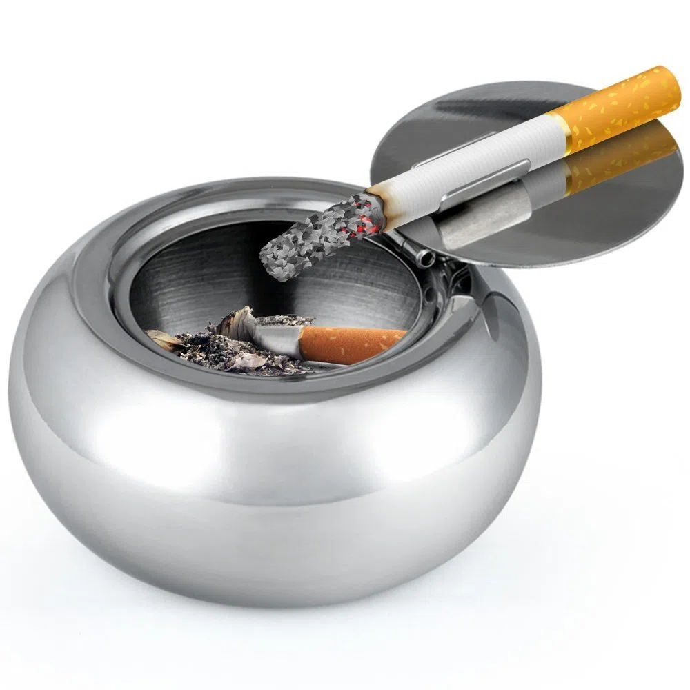 Posacenere per sigaretta in acciaio inox con coperchio, MAXIN antivento sigaretta posacenere fumatori cenere ufficio cenere vassoio cenere per la decorazione dell'ufficio a casa-argento.