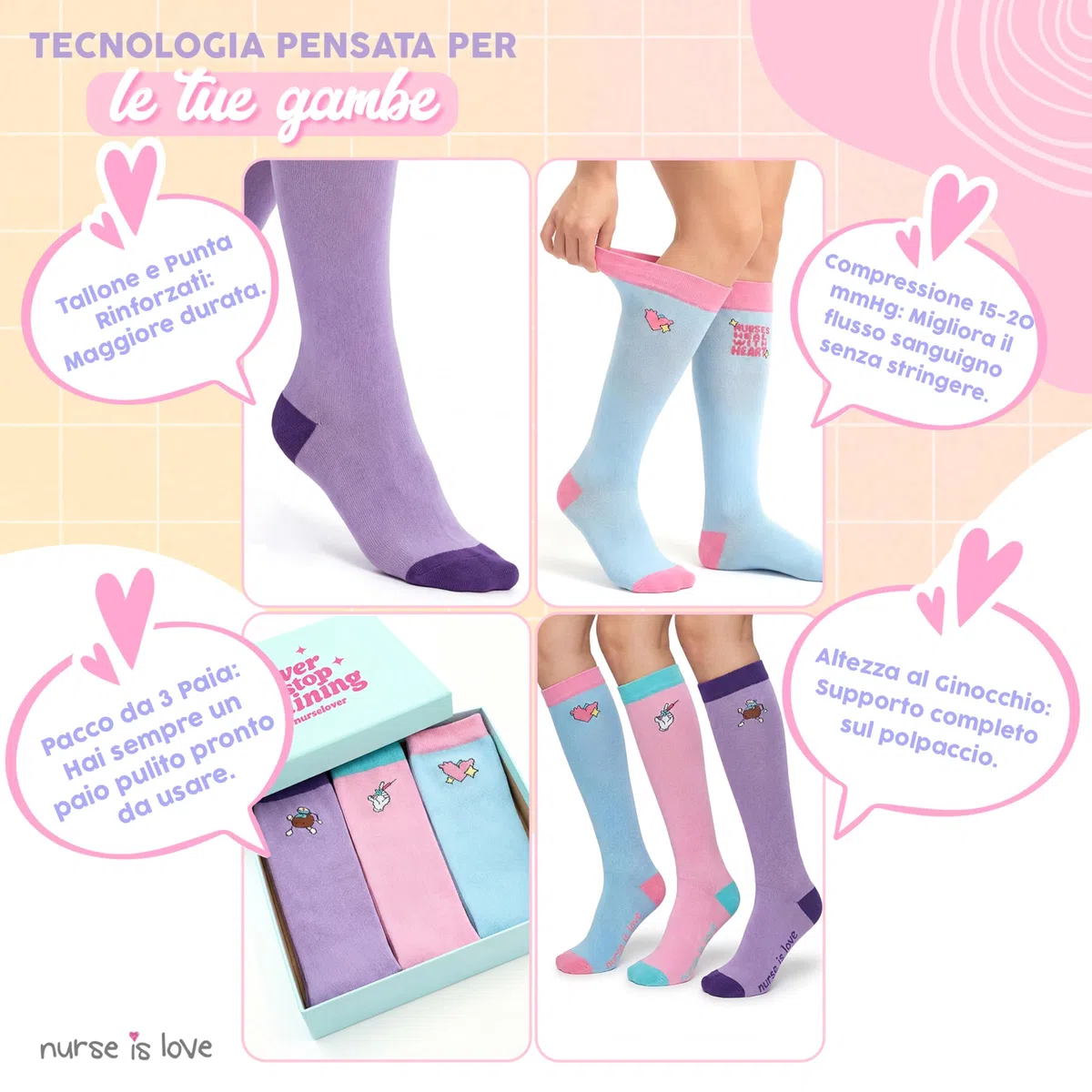 Nurse is Love. Calze Compressione Graduata Donna Per Infermiera Fantasia - Calze Antitrombo Donna OSS, Medici | 15-20 mmHg Cotone | Regalo Laurea - PT