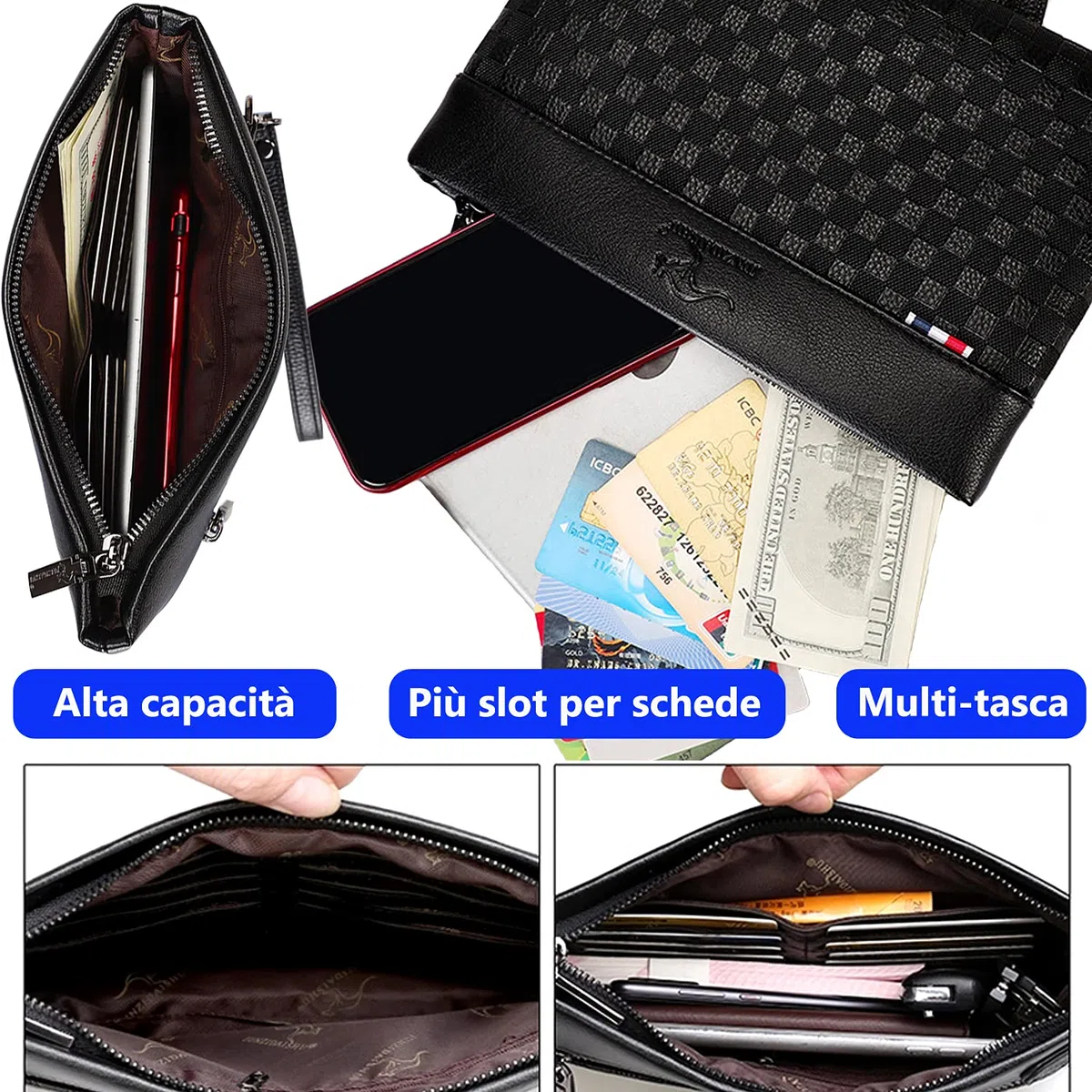 A-QMZL Pochette Uomo Pelle Pochette Business di Grande Capacità Pochette Buste Borsette Fessura Carte Tasche con Cerniera Portafogli Uomo con Cinturino Polso Borsa da Polso Lavoro Viaggio Casual