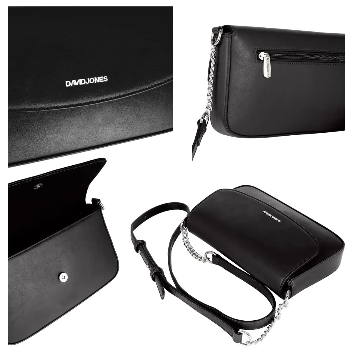 David Jones - Piccola Borsa a Tracolla Donna - Borsetta Spalla Catena PU Pelle - Pochette Clutch Crossbody Bag - Sacchetto Borsello Sera Telefono - Portafoglio Borsa a Mano - Nero