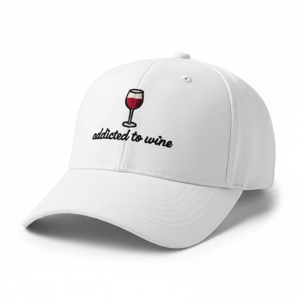 Cappellino da festival bianco, motivo "Addicted to Wein/Caffè" con scritta "Addicted to Wein/Coffee" – Divertente berretto da baseball per uomo e donna – Cappuccio in cotone regolabile in stile