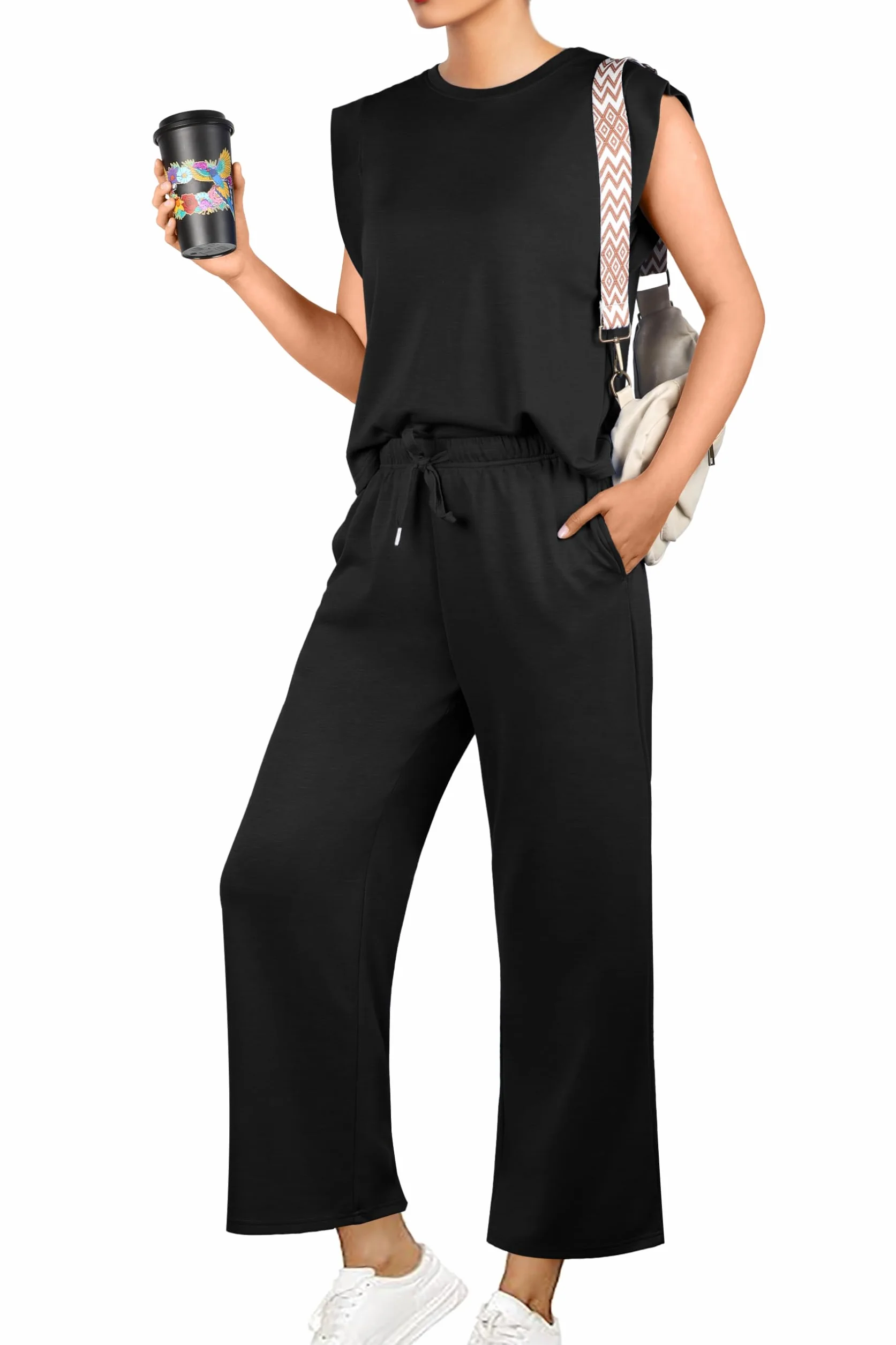 GRECERELLE Tuta estiva da donna, set completo da 2 pezzi, casual, da viaggio, girocollo, abbigliamento da salotto, top con maniche ad aletta e pantaloni lunghi con tasche, da donna UK