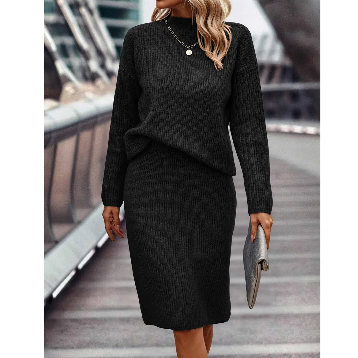 Abito Completo Due Pezzi Maglione da Donna Top e Gonna Lunga in Maglia Aderente Set 2 Pezzi Set Lounge Girocollo Completo Maglione Lavorato A Maglia Abito in Maglia Abito in Lana Elegante