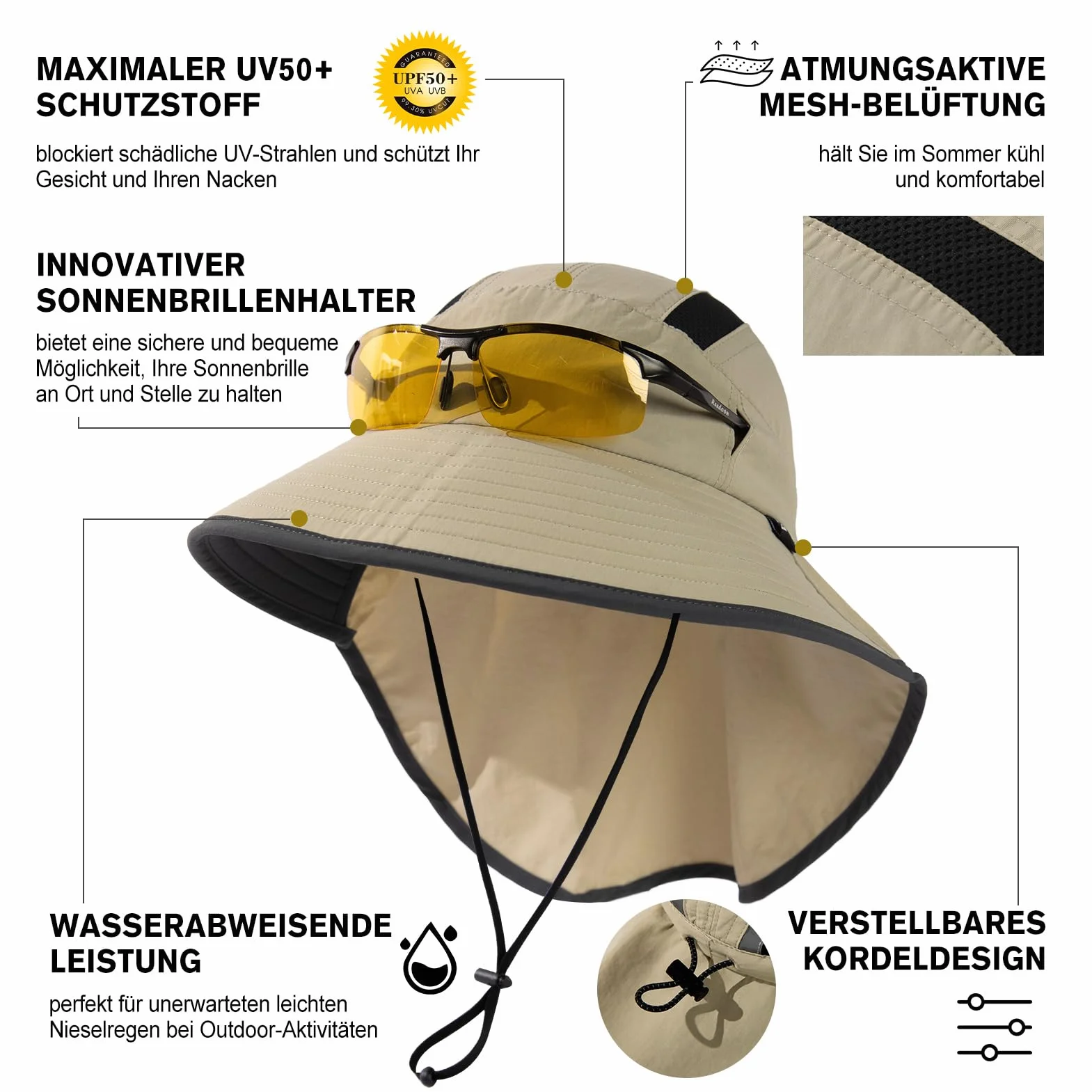 TOP-EX XL/XXL, cappello da sole unisex da uomo, a tesa larga, con protezione per il collo, porta occhiali da sole, cappello estivo, impermeabile e pieghevole