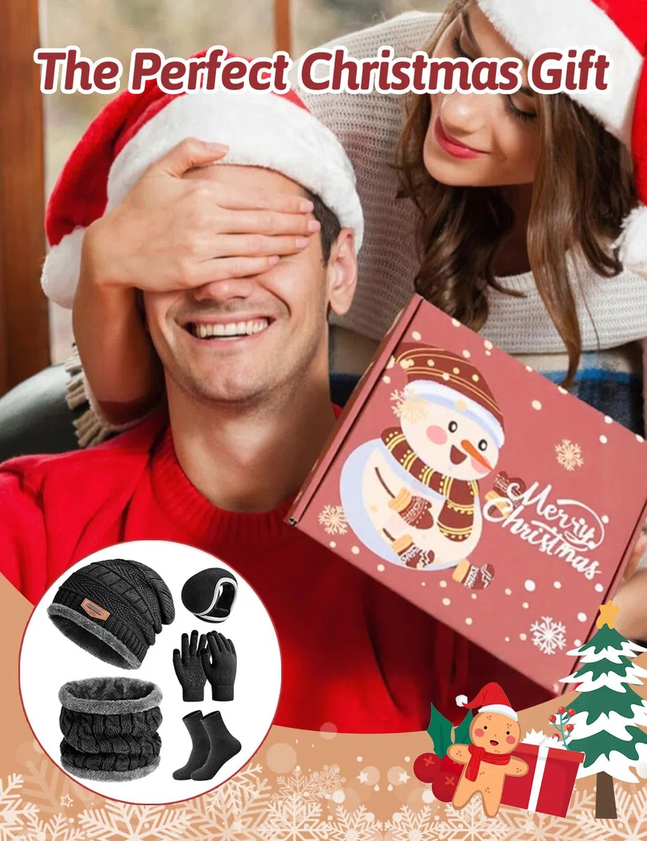 Xnova Cappello Sciarpa e Guanti Touch Screen Uomo con Scaldaorecchie e Calzini Invernale, Morbido Set Scaldacollo Berretto in Maglia 5 Pezzi Unisex, Caldo Cappelli Fodera Pile Invernali (Nero)