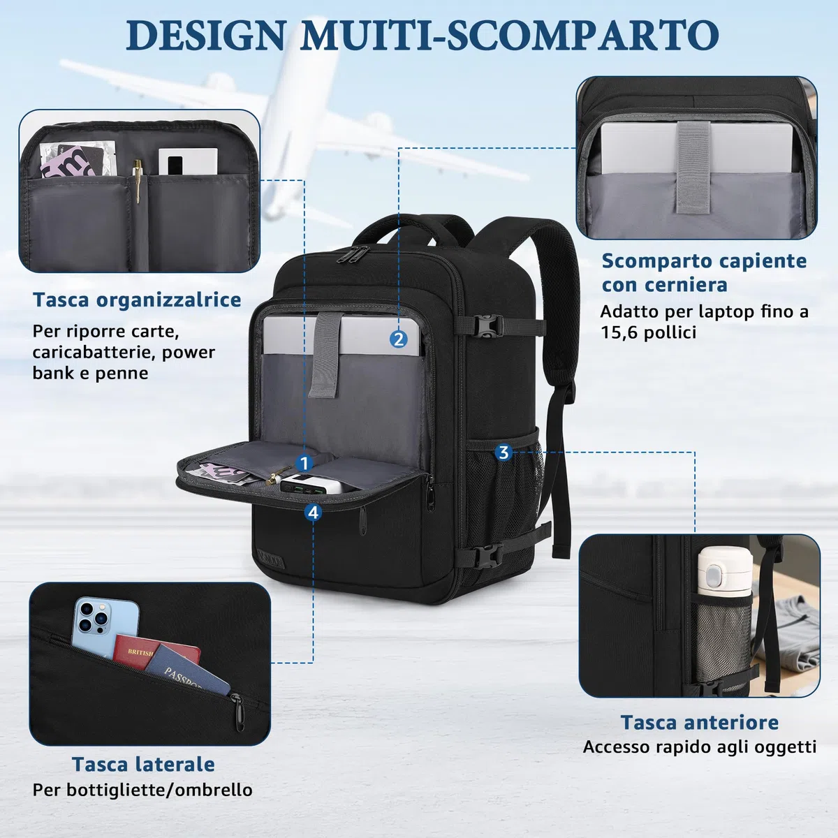 Zaino Ryanair 40x30x20, 25L Bagaglio a Mano Aereo Zaino da Viaggio per Donna Uomo, Impermeabile Zaino per 15.6 pc Travel Bag Compatto Leggero per Eurowings, Wizz Air, ITA Airways, Easyjet, Nero