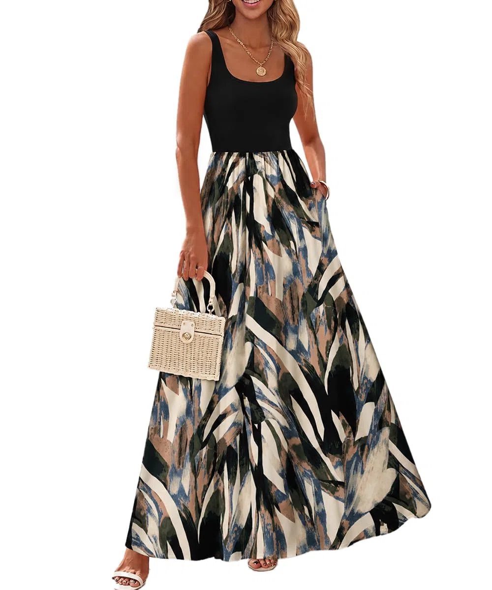 ABINGOO Vestito Lungo Estivo Donna Boho Senza Maniche Scollo Rotondo Elegante Abito Mare Spiaggia Casual Maxi Vestiti con Tasche