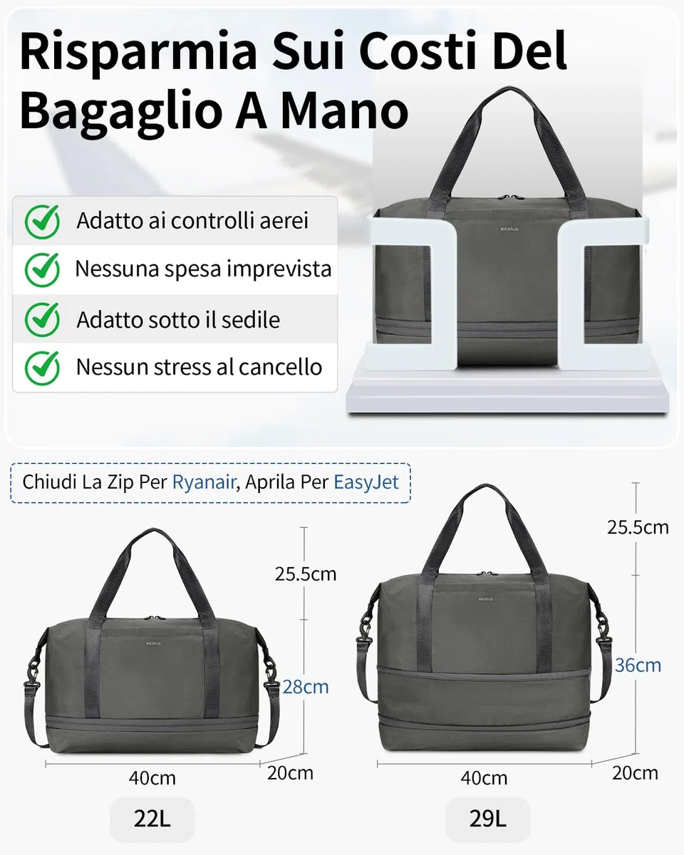 ECOHUB Borsone da Viaggio Pieghevole, Borsa da Viaggio Resistente All'acqua 40x30x20 Per Donna e Uomo, Bagaglio a Mano per Ryanair con Tasca Bagnata per Palestra, Aereo, Weekend, Verde