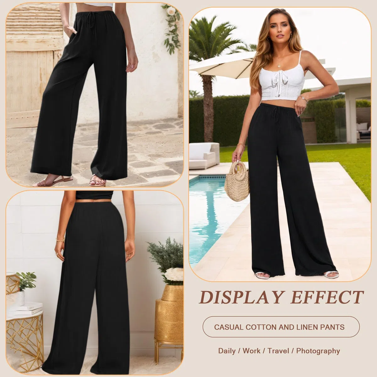 Pantaloni Lino Donna Larghi Pantaloni Leggeri Elastica Elegante Casual Gamba Larga con Tasca