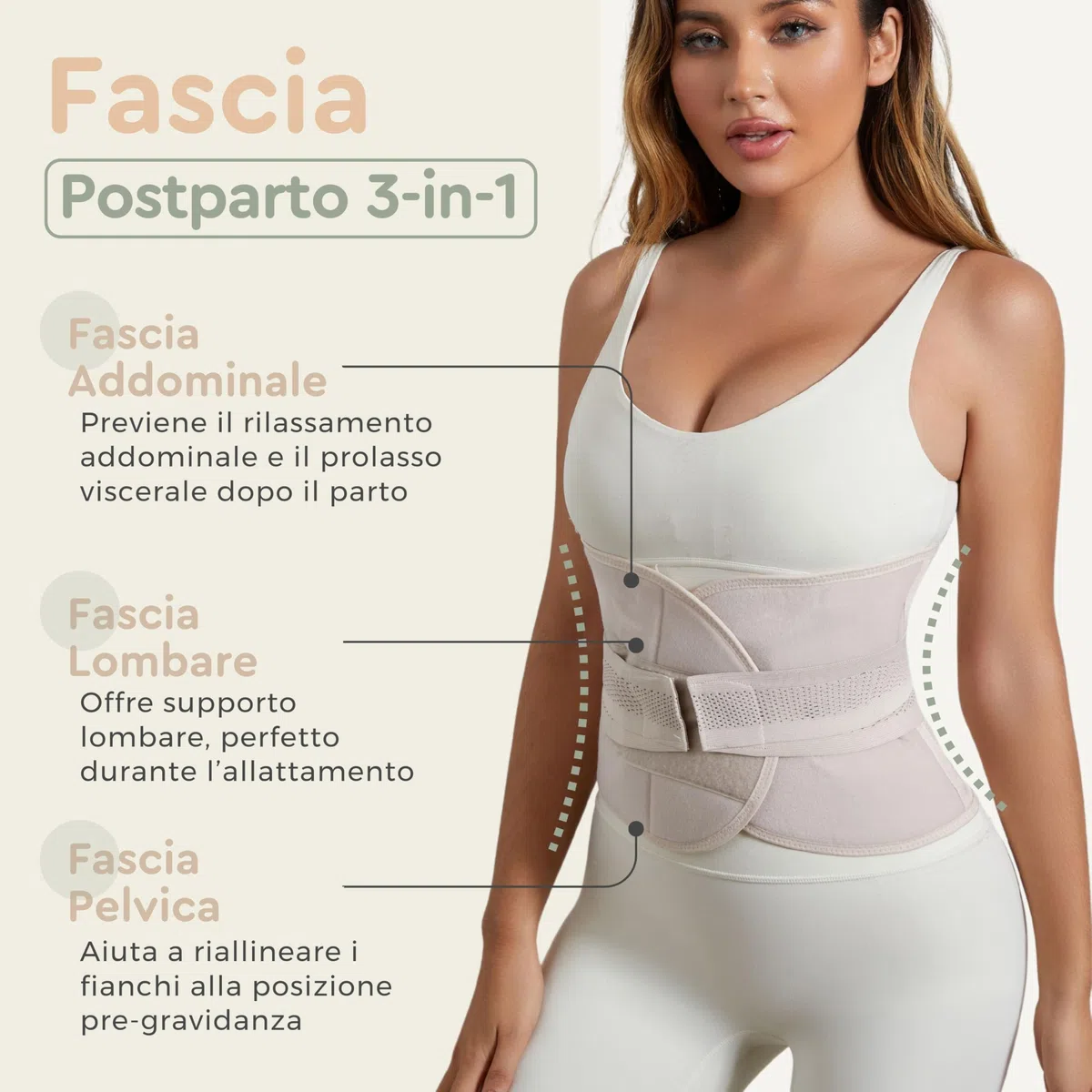 BellyHug – Fascia Post Parto per Recupero Addominale | Pancera Contenitiva Ideale Dopo Cesareo, Compressione Regolabile e Traspirante (Beige, L)