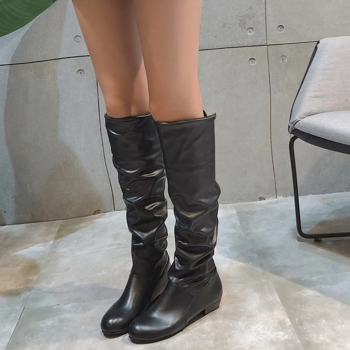 Stivali al ginocchio da donna, in pelle, con lacci, piatti, antiscivolo, con fiocco posteriore, stivali casual alla moda da donna, comodi stivali invernali, stivali termici