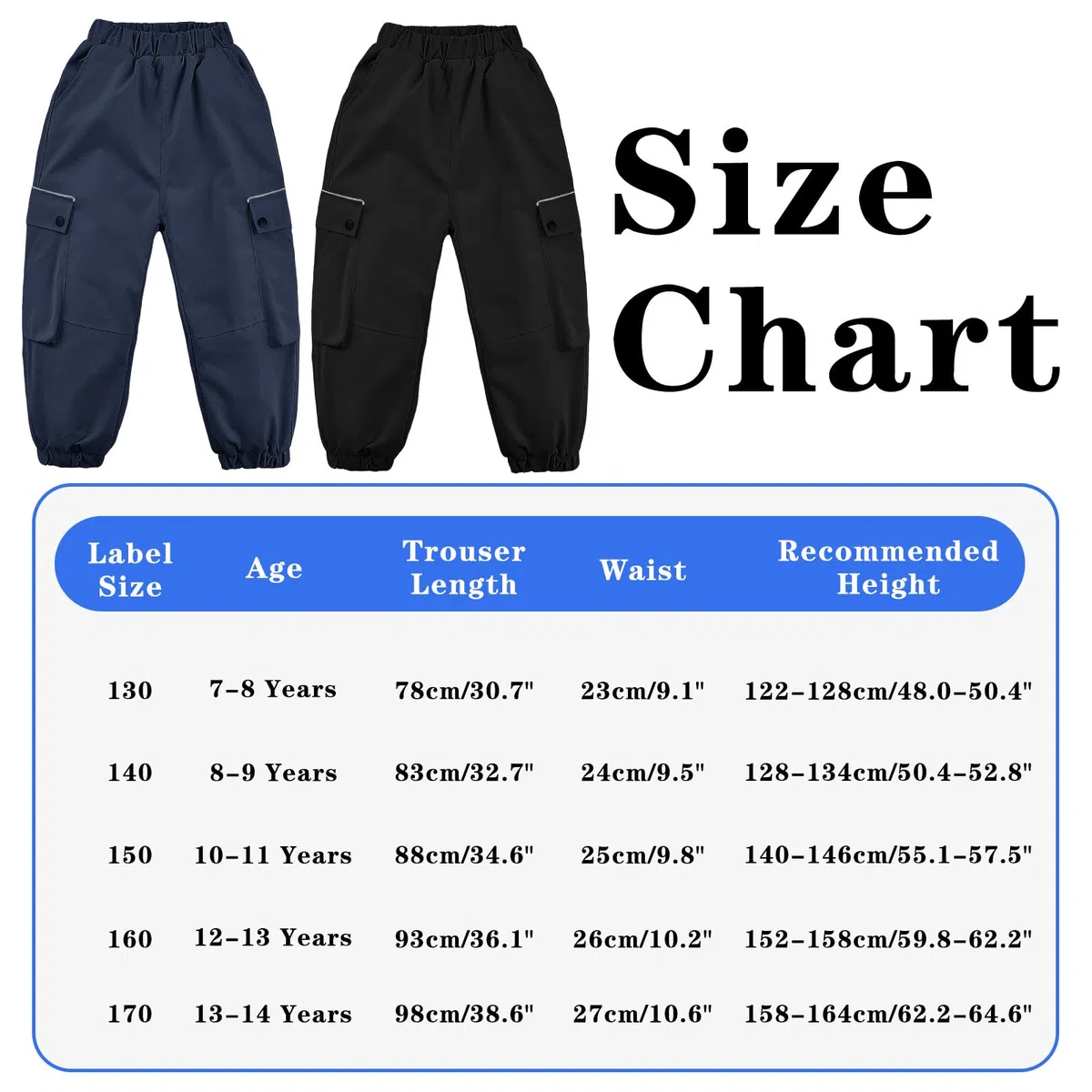 Pantaloni Cargo da Ragazza Ragazzo, Impermeabili Traspiranti Pantalone Cargo Trekking Jogging con Vita Elasticizzata e Tasche Multiple Pantaloni Sportivi per Ragazzi Ragazze 7-14 Anni
