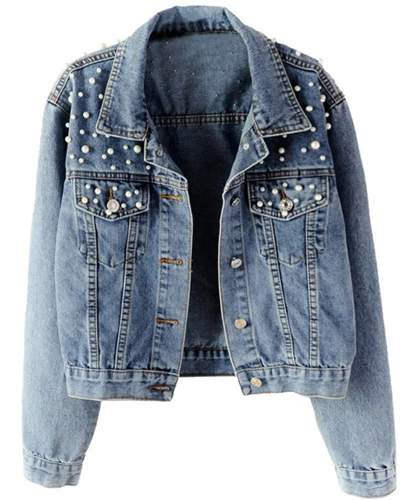 Giacca in Denim con Perle da Donna Giacca in Denim Vintage da Donna Giacca in Denim Elasticizzato con Maniche Lunghe e Tasca Giacca in Denim con Perline e Diamanti