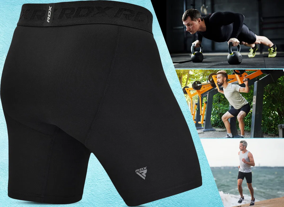 RDX Compressione Pantaloncini, Uomo MMA Boxe Termici Sudore Pugilato Shorts Palestra Muay Thai Kick Boxing, Base Layer Boxe Shorts per la Arti Marziali Grappling Fitness Sport Palestra Sportivi Nero