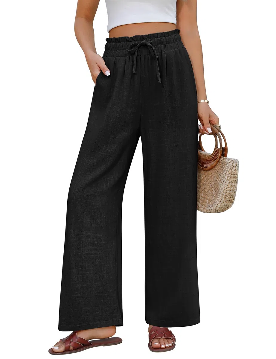 Pantaloni Donna Estivi in Cotone e Lino Eleganti Elastico Vita Alta Leggeri Comodi Larghi Casual con Tasche