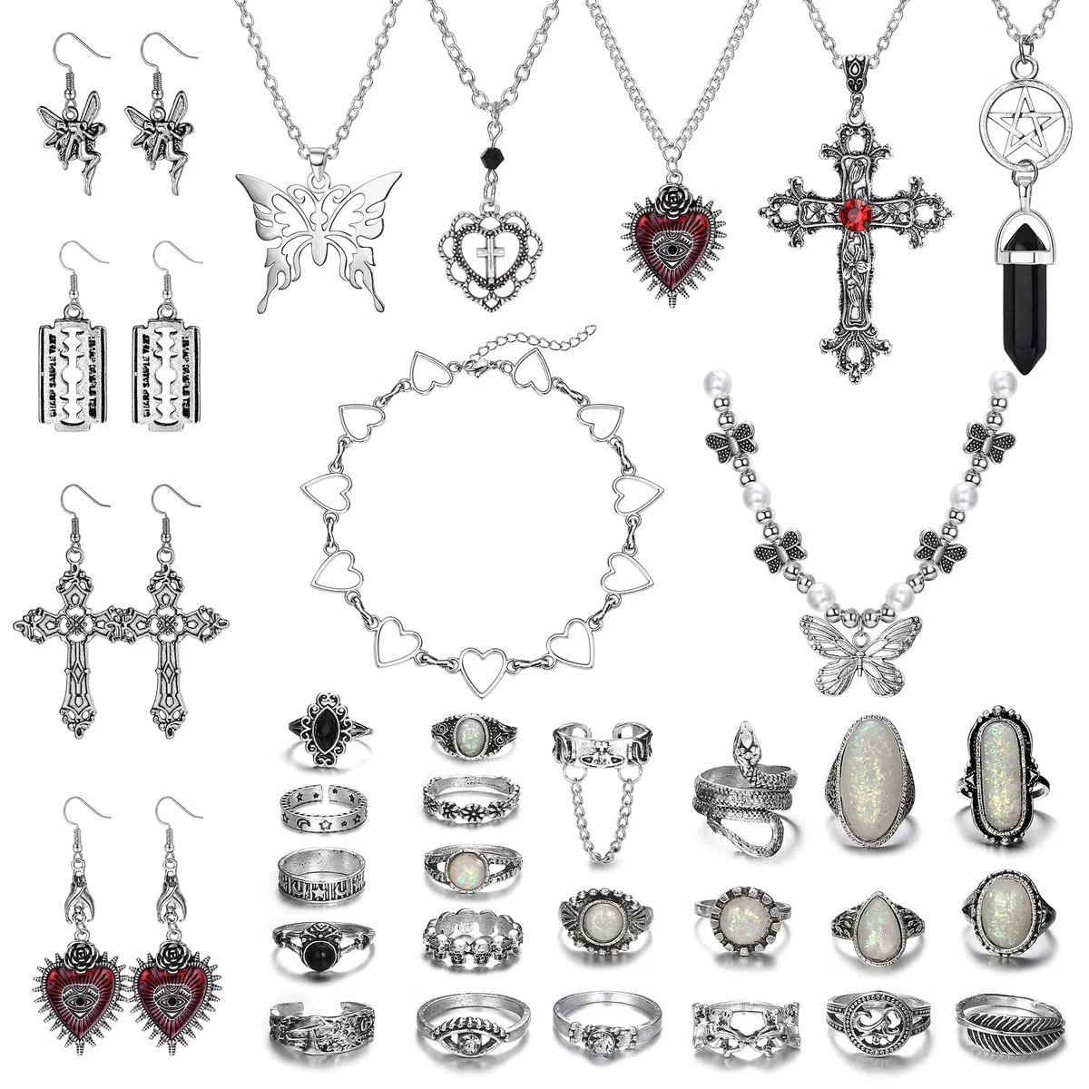 JeryWe 33 Pezzi Set Gioielli Gotici Grunge per Donna Uomo Collana Vintage Orecchini Fata Farfalla Boho Croce Pendente Cuore Choker Goth Anelli Impilabili Nocche Regolabile Punk Y2K Gioielli