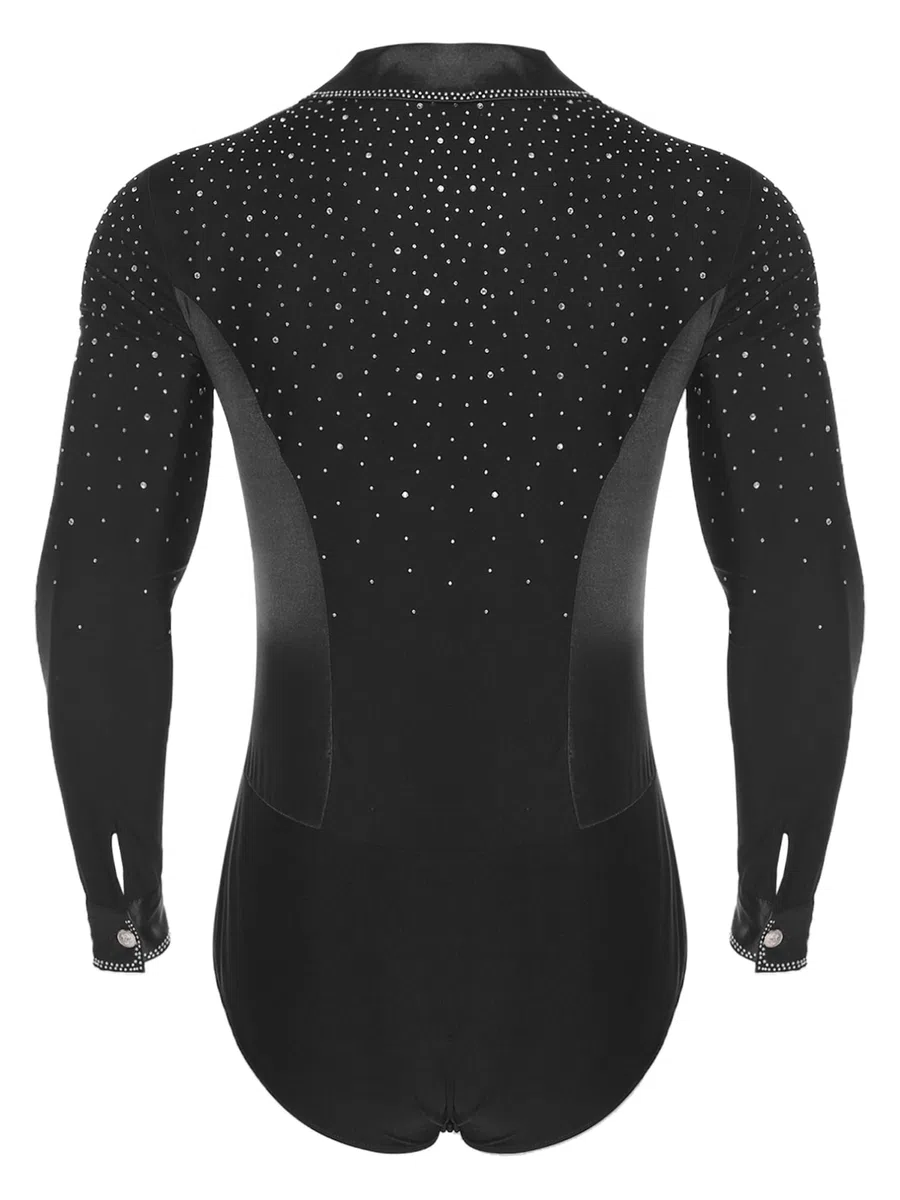 Agoky Body da Ballo Latino Americano per Uomo Maniche Lunghe con Strass Camicia Scollo a V da Danza Classica Leotard da Danza Standard Sala Tango Jazz Pattinaggio