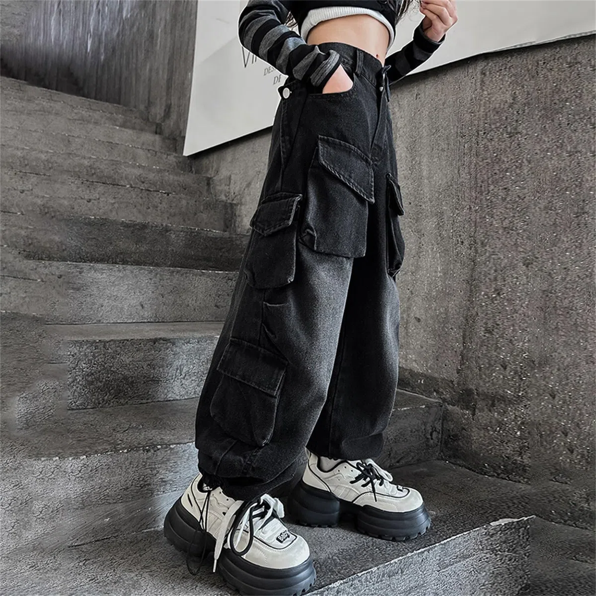 Jeans cargo personalizzati per ragazze pantaloni larghi in denim hip hop multi tasche per bambini gamba larga elastico in vita jeans a vita alta pantaloni in denim estetico alla moda