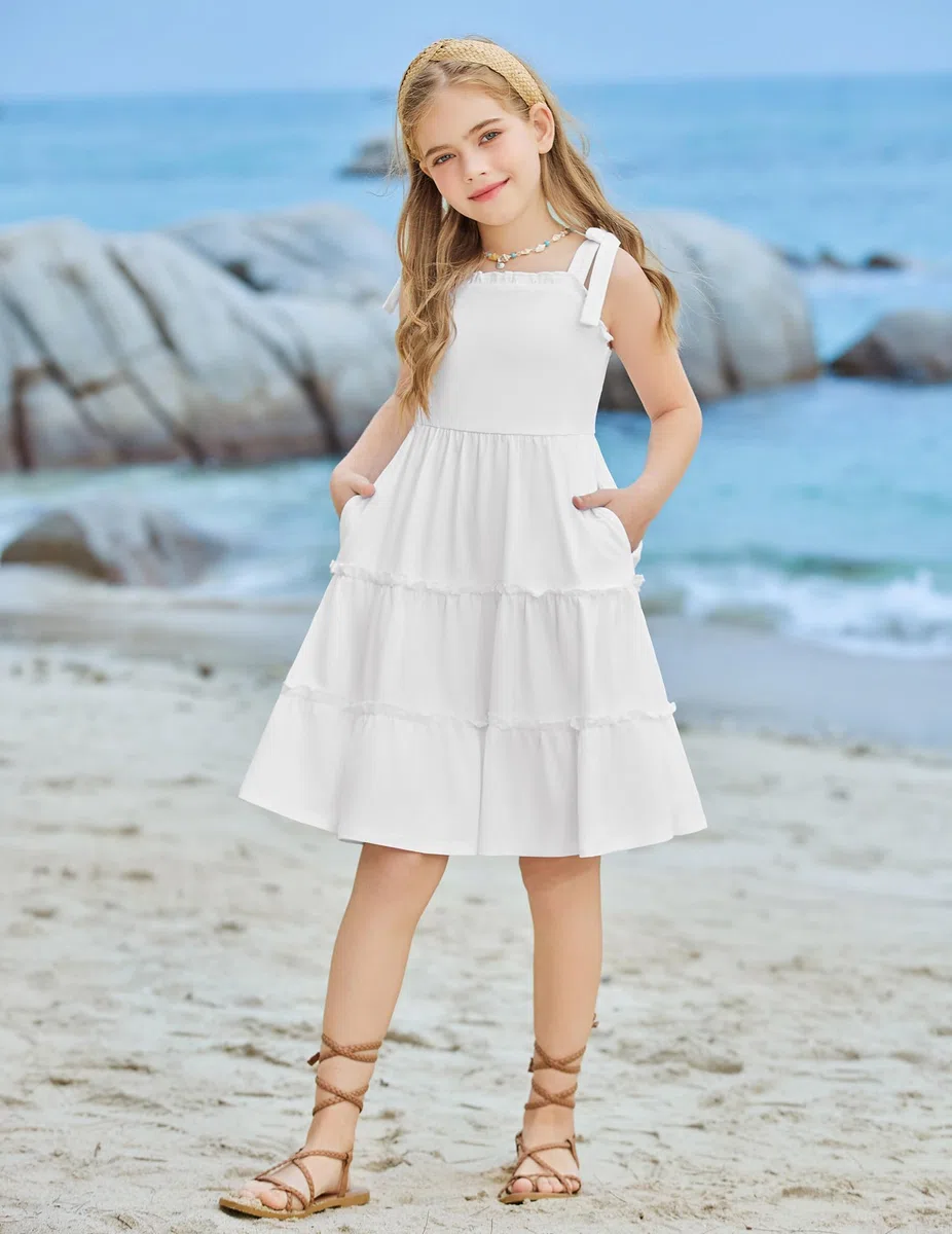 Arshiner Ragazze Abito Spalline a Papillon Bambini Vestito Cotone Estivo Elegante Abiti Senza Maniche A Tapezio Abito per Ragazze 5-14 Anni