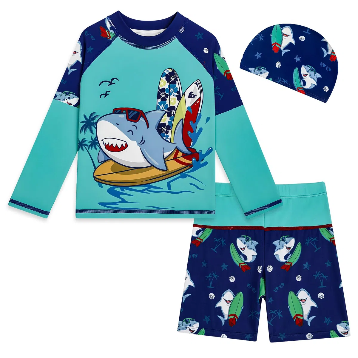 MASOCIO Costume da bagno UV per bambini UPF50+, protezione solare, 3 pezzi, a maniche lunghe, costume da bagno per bambini, set da bagno ad asciugatura rapida, per ragazzi, taglia 86-128