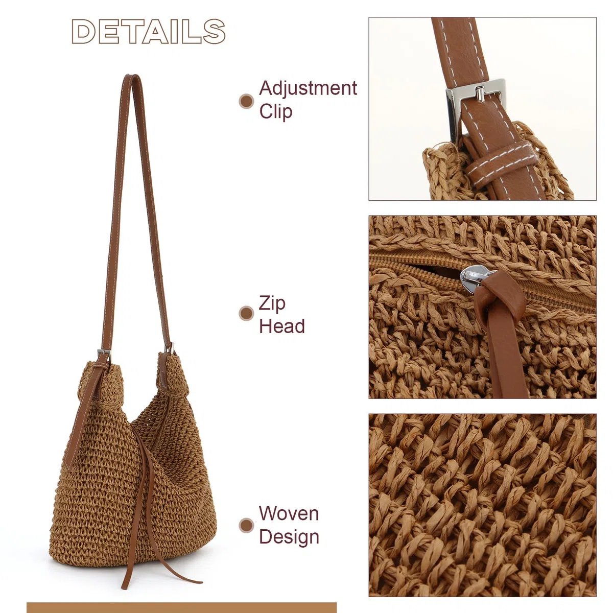 EVEOUT Borsa a tracolla in Rafia per Donna Estate Leggero Boho Borse Paglia Intrecciata per Spiaggia Vacanze Crossbody con Cerniera