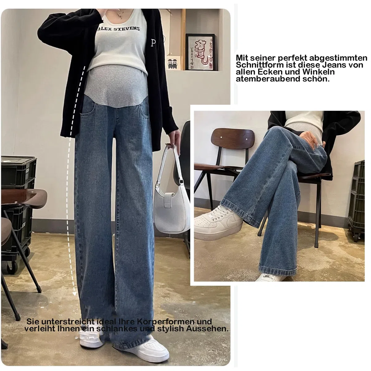 Jeans da donna incinta con design a gamba larga, cintura regolabile e tasche su entrambi i lati, eleganti ed eleganti, pratici per tutti i giorni e il lavoro