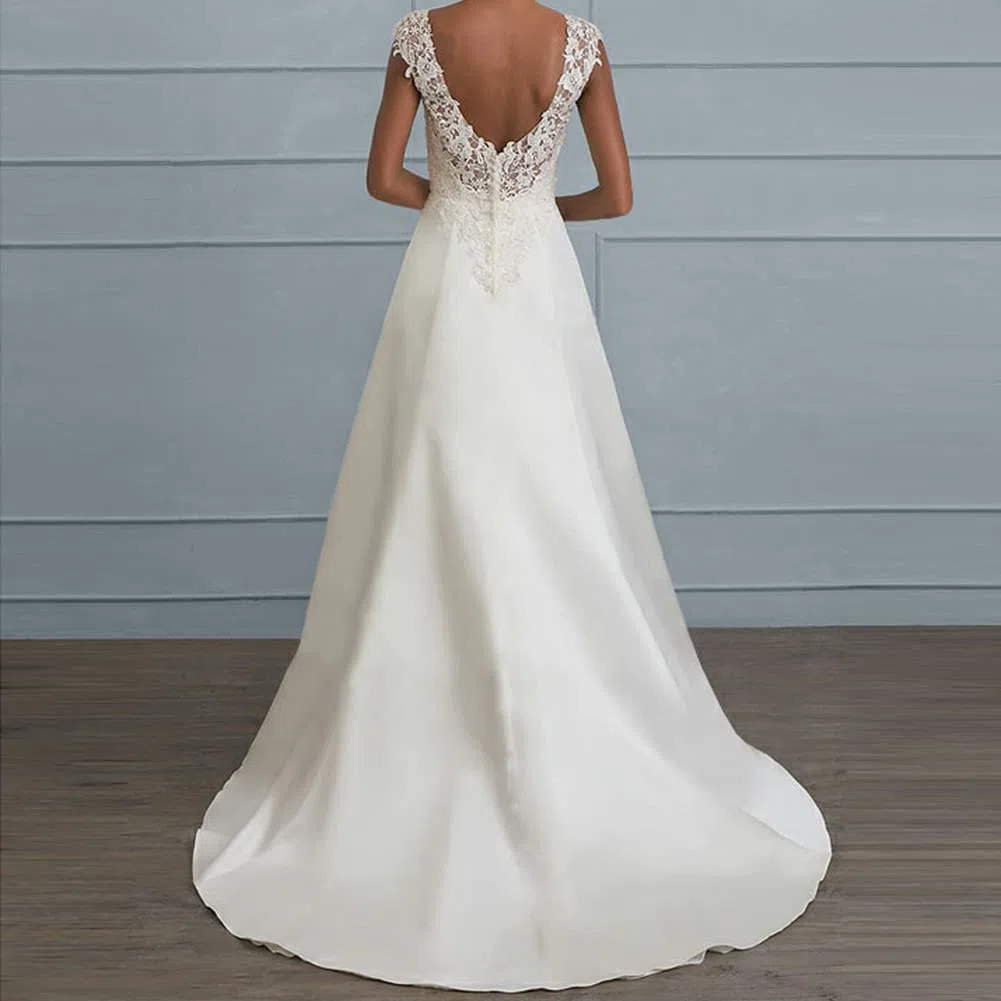 Abiti da Sposa Donna Elegante Senza Maniche Scollo a V in Pizzo Lungo Vestito per Matrimonio