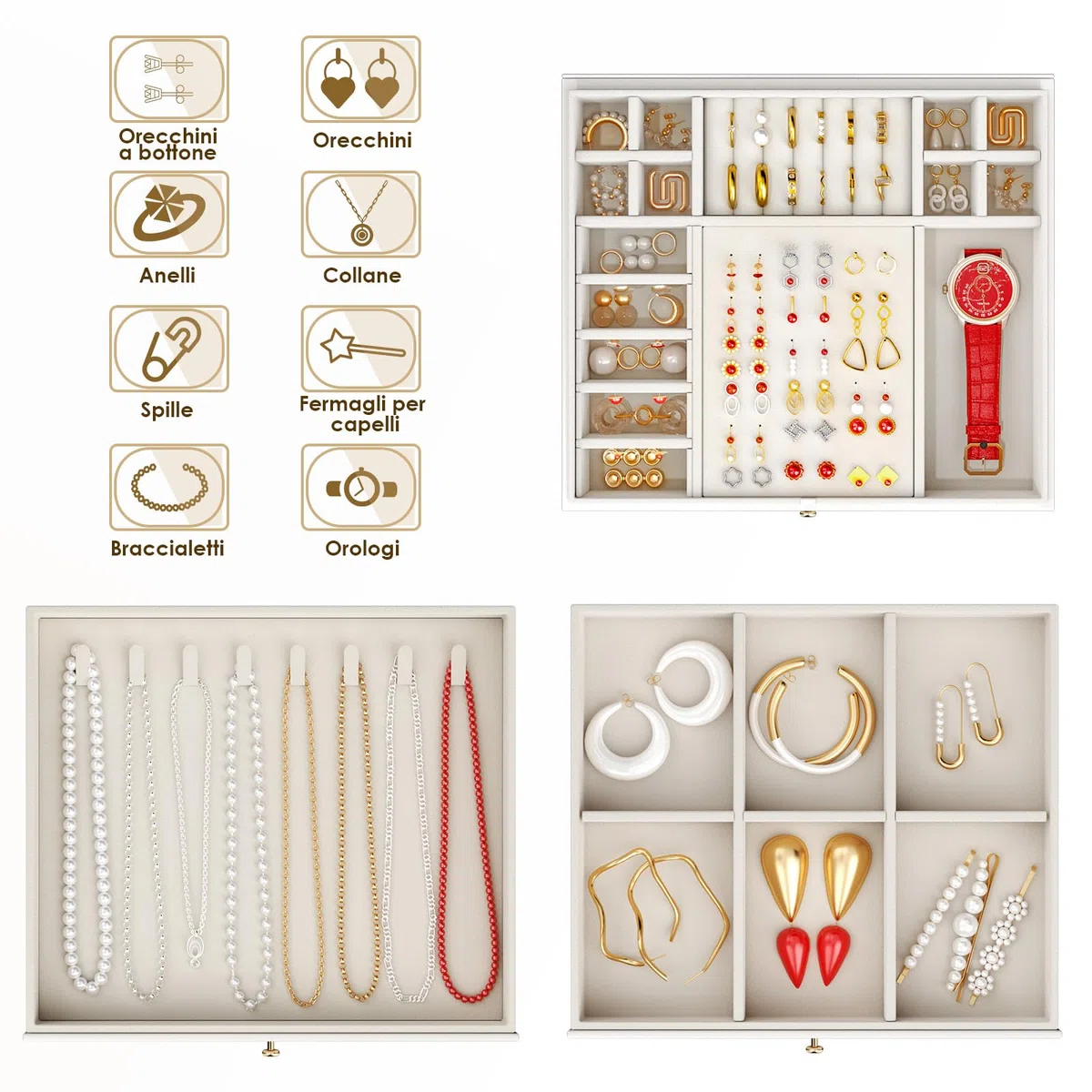 Grande Scatola Portagioie Donna 3 Livelli – Organizer Gioielli Elegante con 24 Scomparti – Custodia per Anelli, Collane e Bracciali con Coperchio Trasparente – Regalo Perfetto per Donna (Bianco)