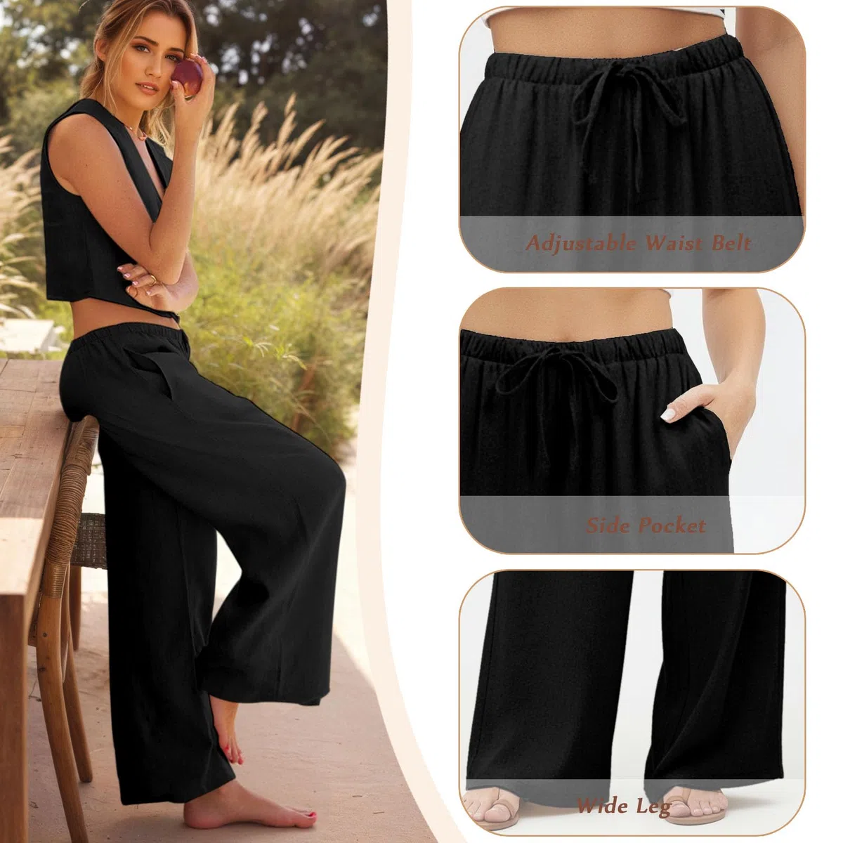 Pantaloni Lino Donna Larghi Pantaloni Leggeri Elastica Elegante Casual Gamba Larga con Tasca
