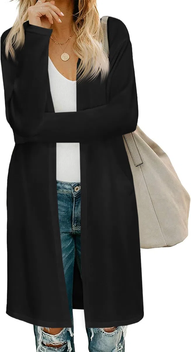 Fisoew Cardigan da donna, aperto, a maniche lunghe, leggero, lavorato a maglia, lungo, con tasche
