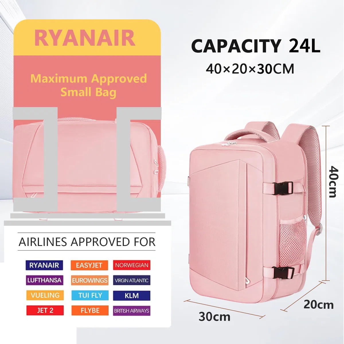 KIRFEIHT Zaino da Viaggio 40x30x20 per Ryanair 24L Bagaglio a Mano Aereo Piccolo - Borsa da Viaggio per Cabina, Zaini Universali per Uomo e Donna per Scuola Trekking Lavoro - Rosa