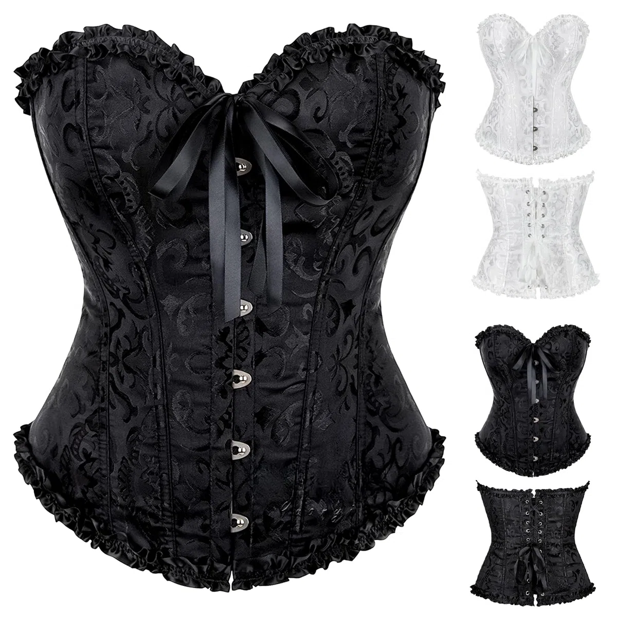 Corsetto per Donne, Corpetto Top in Pizzo, Sexy Burlesque Overbust Corsetti Bustino Vintage Gotico Nero,Halloween Carnevale Natale balli feste
