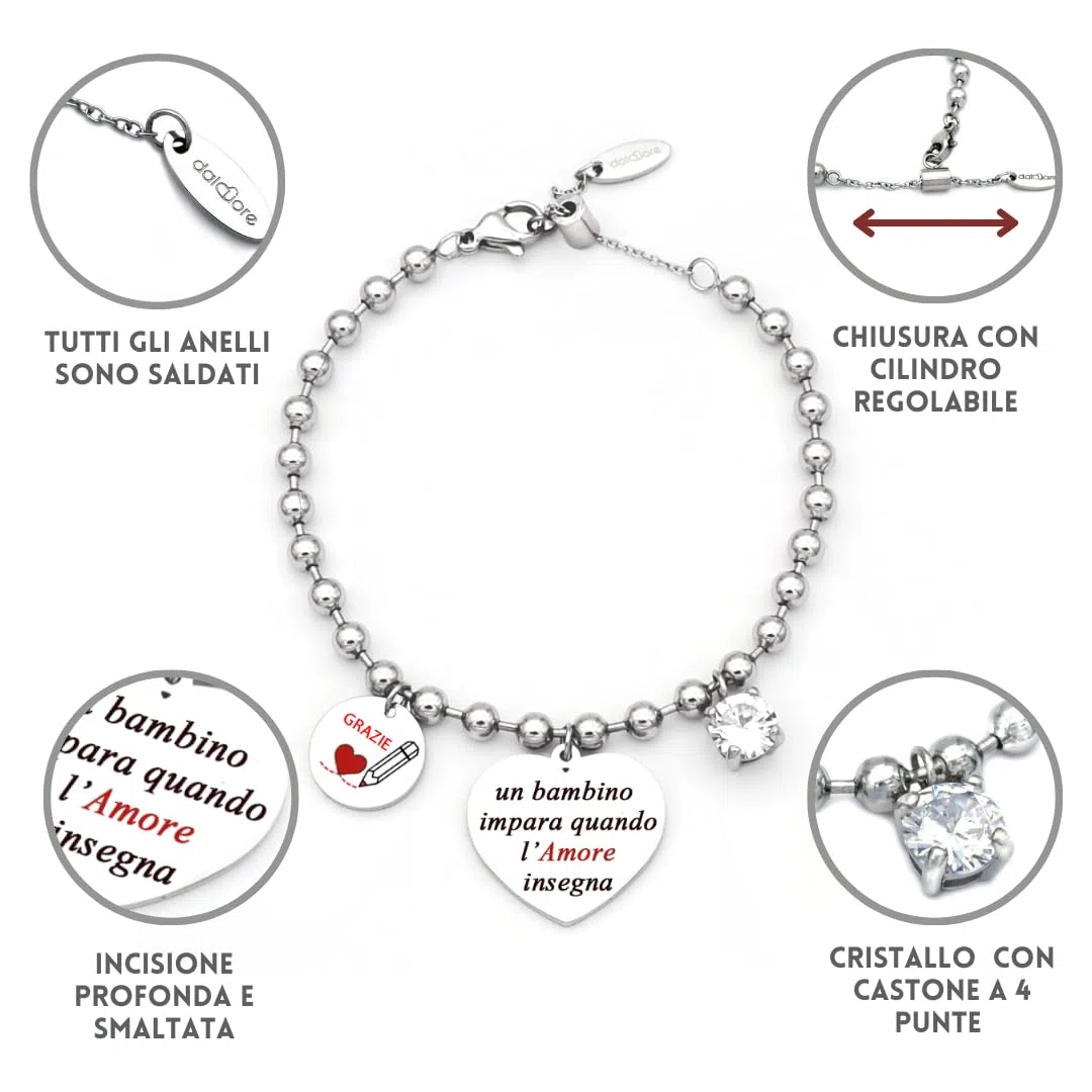 dalcuore Bracciale Amicizia Donna Acciaio Ipoallergenico Regolabile. Charm Frase Incisa. Idea Regalo Originale per Lei: Compleanno, Natale, Laurea. Perfetto per Amica, Fidanzata, Sorella, Mamma, Zia.