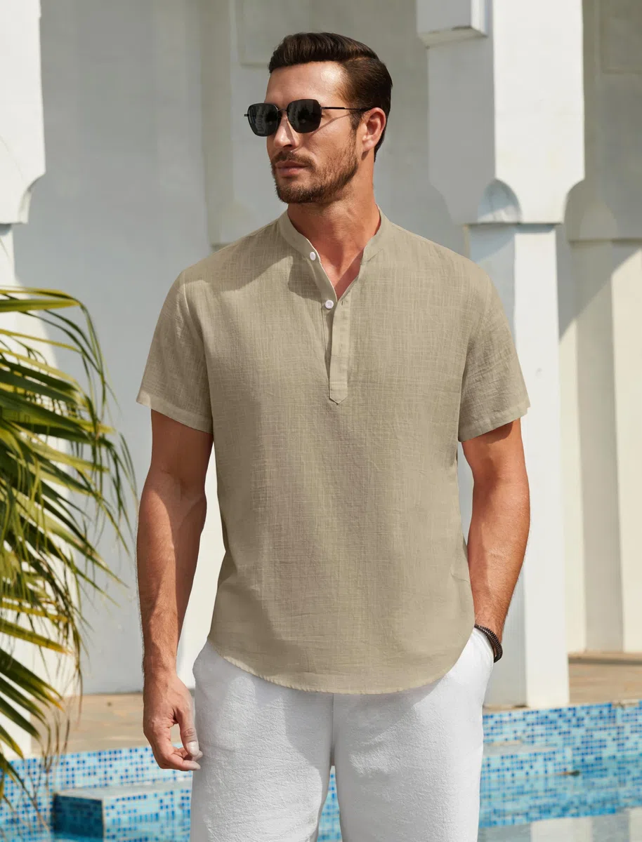 Enlision Camicia Uomo di Lino Cotone Maniche Corte Camicie Collo Coreana Casual Estiva Elegante Maglietta Serafino Tinta Unita vestibilità Ampia S-4XL