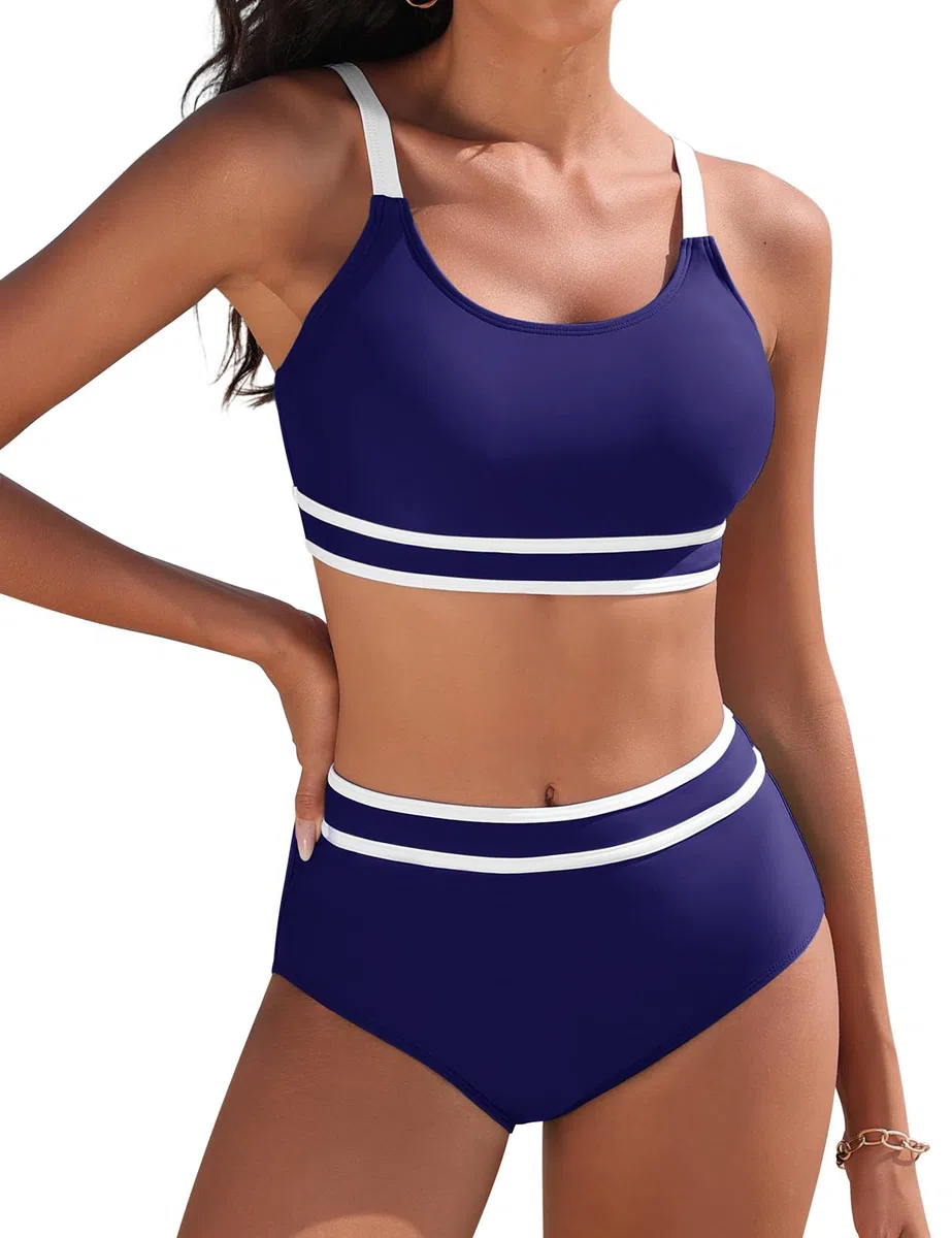 Yuson Girl Costume da Bagno Donna Due Pezzi Push Up Imbottito Reggiseno Bikini Donna Mare Regolabile Costumi da Bagno Scollo a U Patchwork a Righe Bikini Vita Alta Bikini da Spiaggia