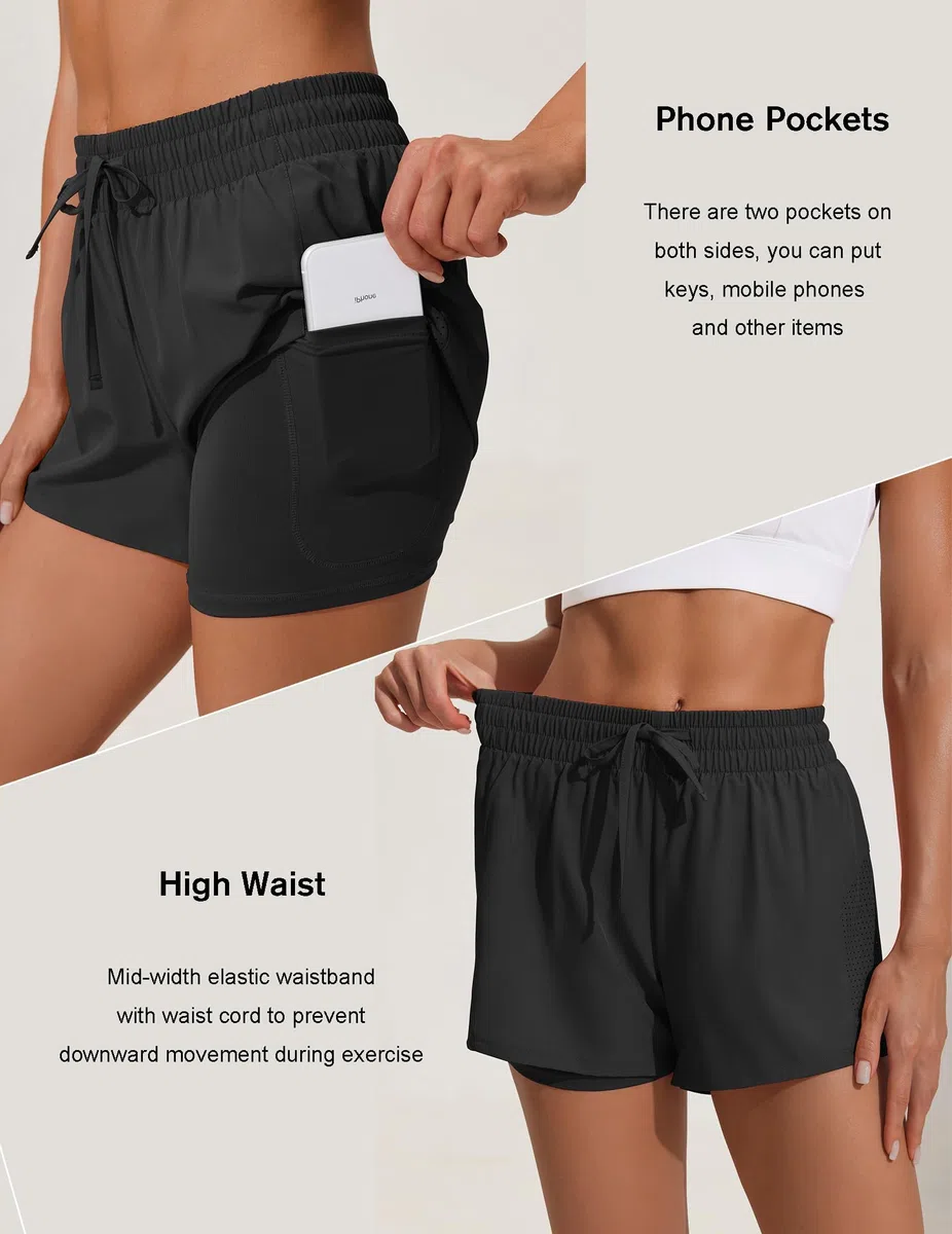 PINSPARK Pantaloncini Sportivi da Donna 2 in 1 Pantaloncini da Allenamento a Vita Alta Pantaloncini Sportivi da Corsa ad Asciugatura Rapida con Tasche