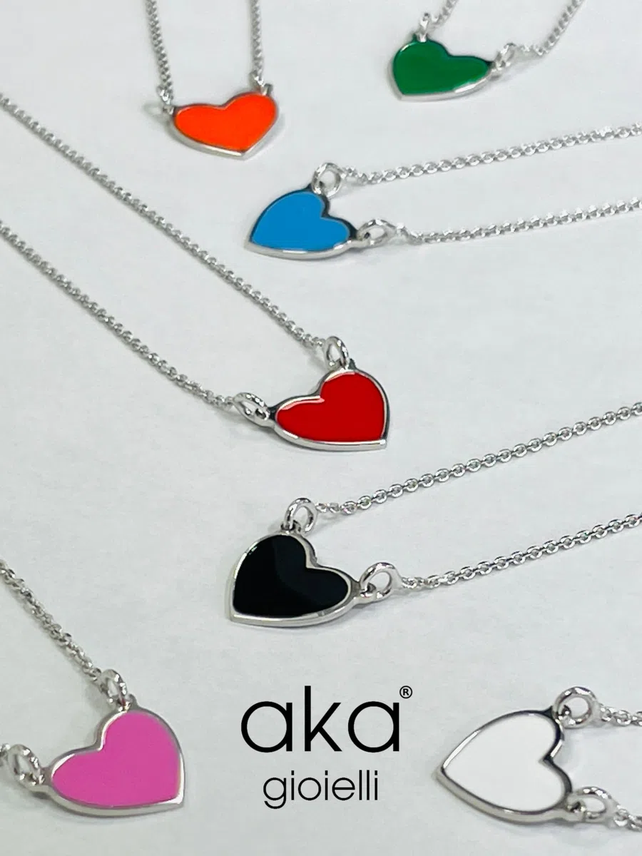 Aka Gioielli® - Collana con Ciondolo Cuore Colorato in Argento 925 Rodiato, Smaltato Dipinto a Mano, Regalo Donna e Ragazza