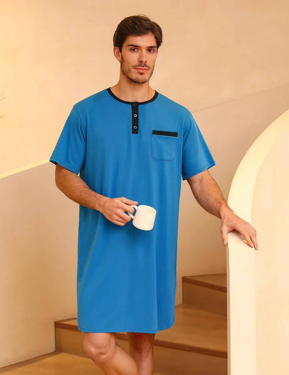 Uniexcosm Camicia da Notte da Uomo in Cotone Pigiama da Uomo Girocollo con Bottoni Pigiama Comoda Maniche Corte Girocollo, Tinta Unita Sottile