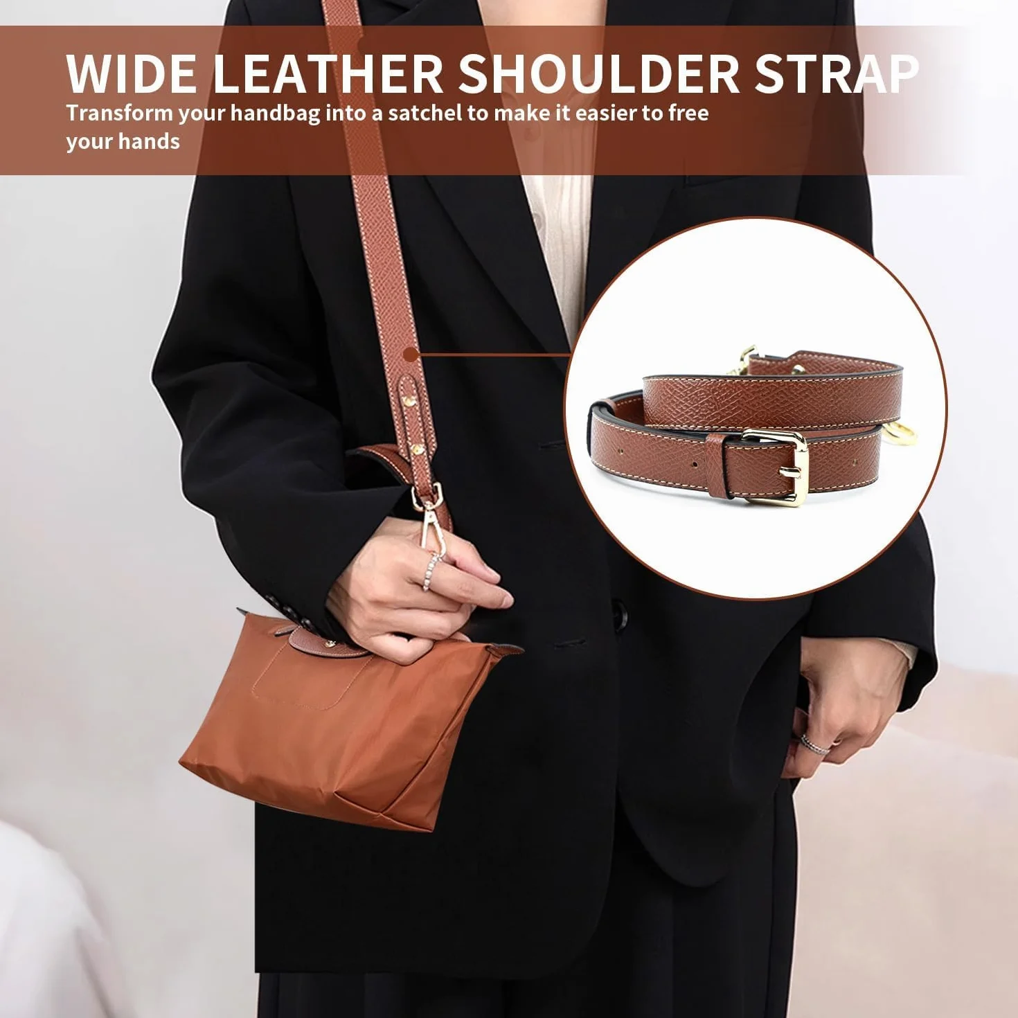 Cinghia Tracolla per Borsa, Tracolla per Longchamp Borsa Donna, Cinghia in Pelle Sostituibile per Mini Le, Raccordi Regolabili Strap No-Punch per Ricambio Pliage